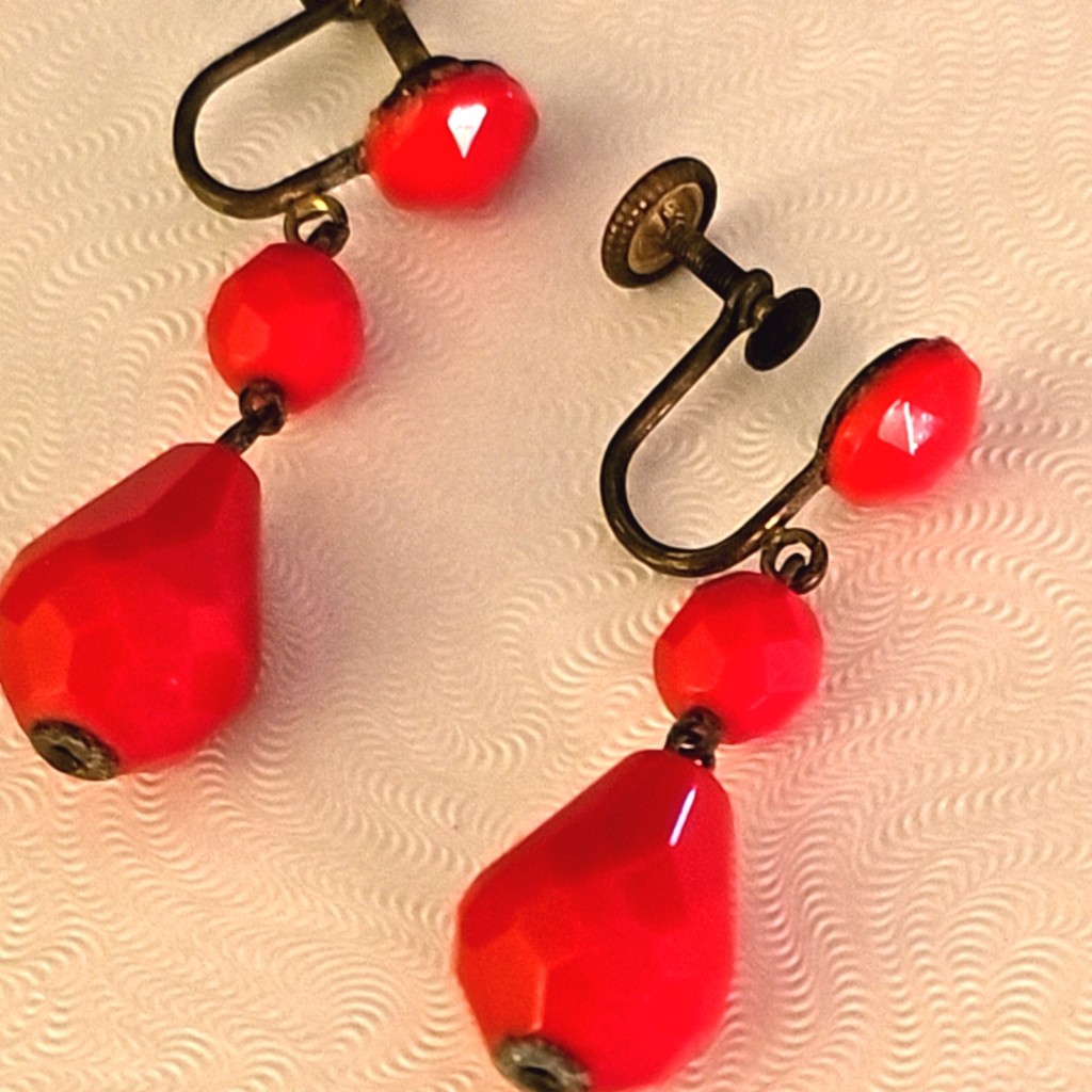 Signed Czechoslovakian Drop Screw On Earrings